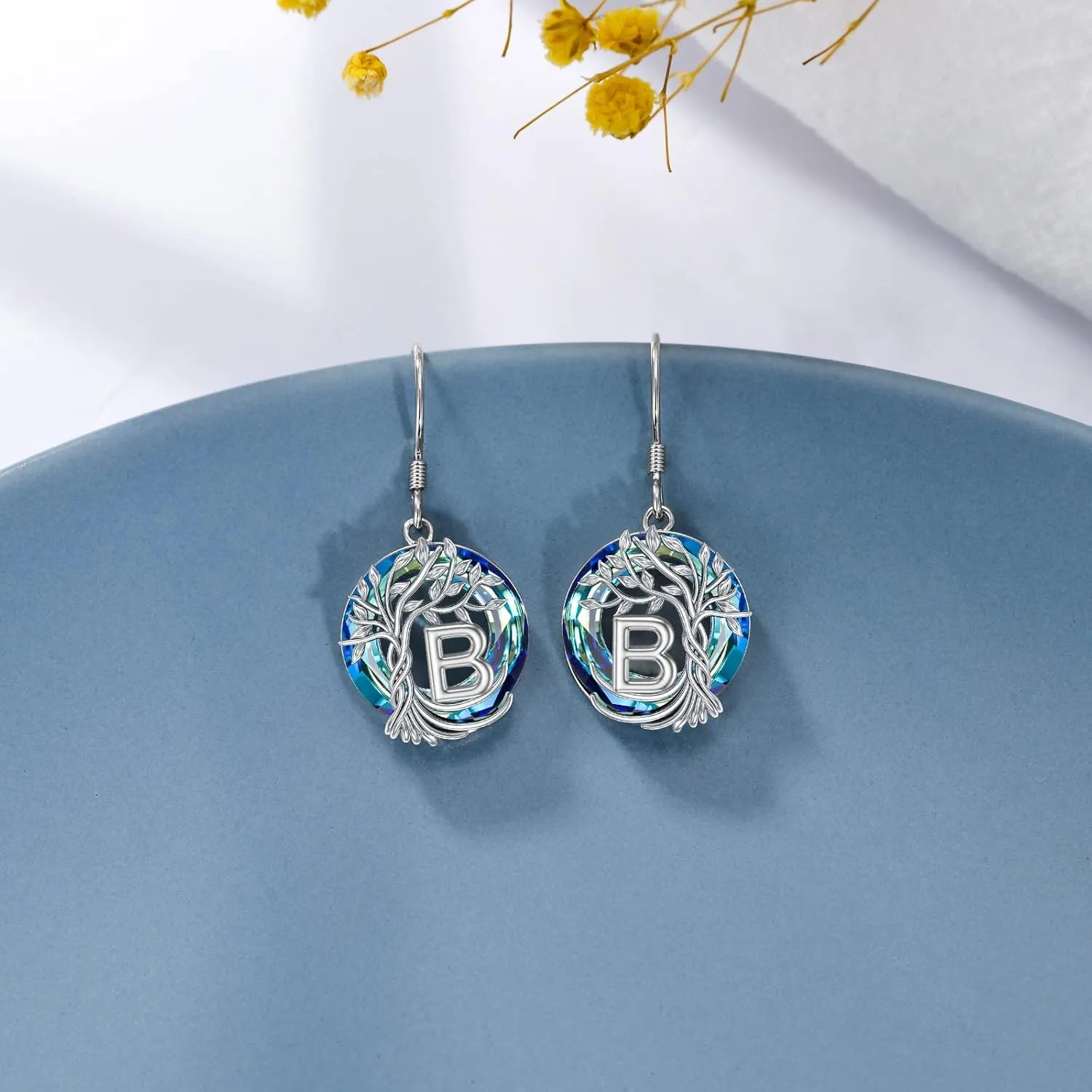 TOUPOP Gifts for Women Tree of Life Initial Earrings 925 Sterling Silver A-Z Letter Drop Dangle Earrings Blue Circle Crystal Jewelry Birthday Mothers Day Gifts for Women Her Girlfriend Mom