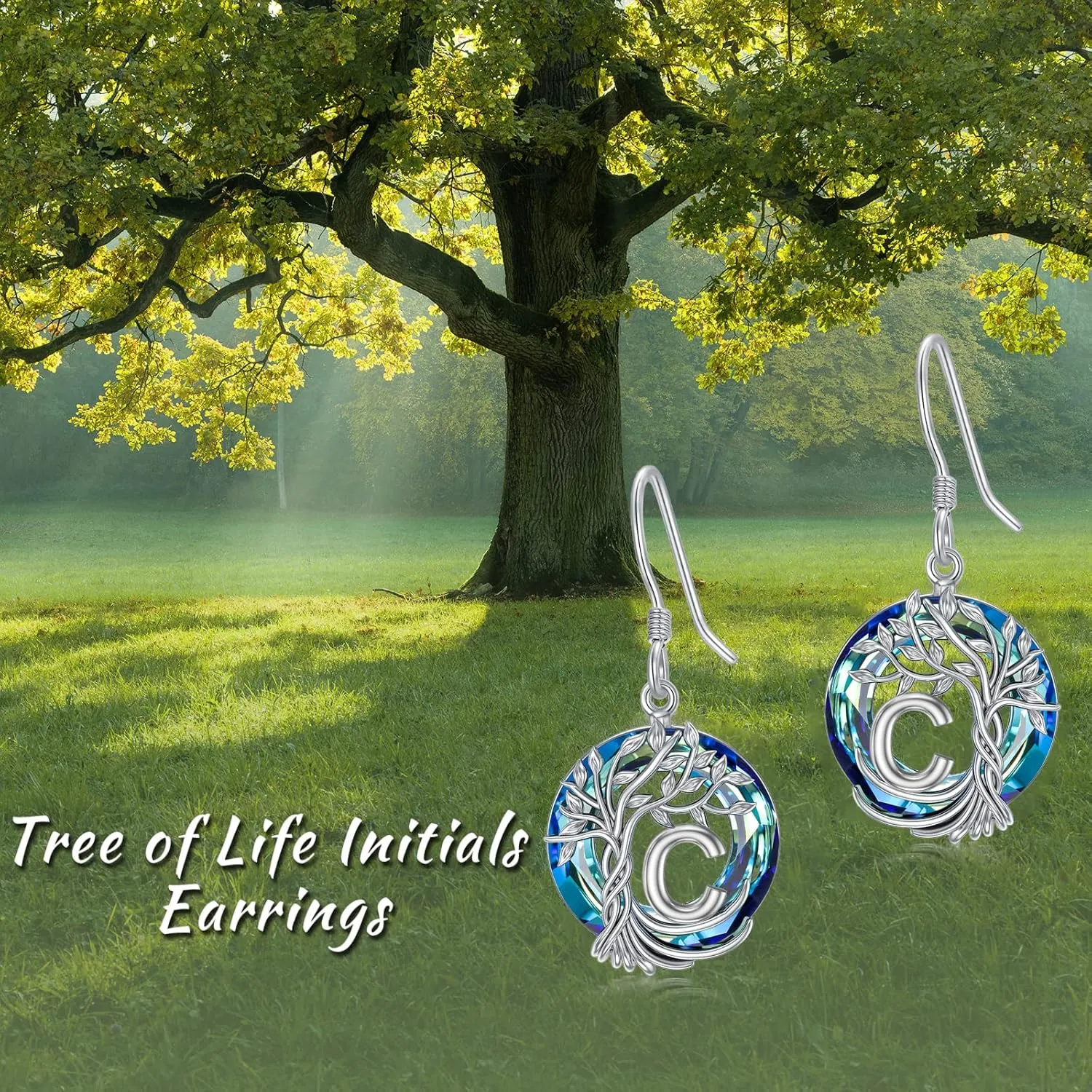 TOUPOP Gifts for Women Tree of Life Initial Earrings 925 Sterling Silver A-Z Letter Drop Dangle Earrings Blue Circle Crystal Jewelry Birthday Mothers Day Gifts for Women Her Girlfriend Mom