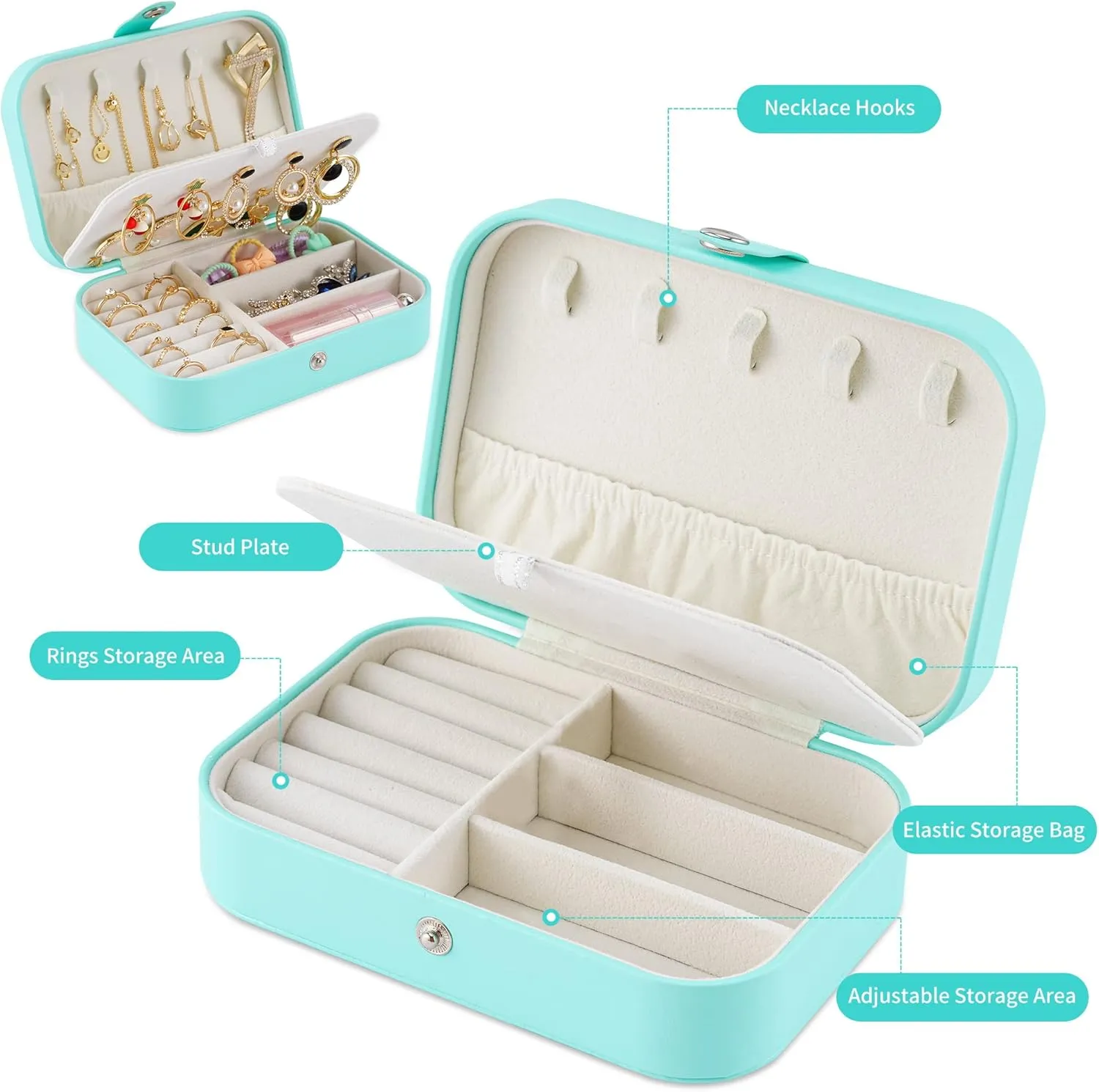 Travel Jewelry Box, PU Leather Small Jewelry Organizer for Women Girls, Double Layer Portable Mini Travel Case Display Storage Holder Boxes for Stud Earrings, Rings,Necklaces,Bracelets (green)