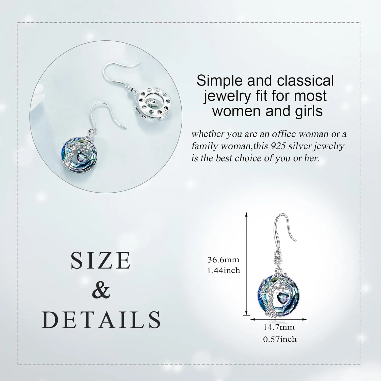 Tree of Life Dangle Drop Earrings 925 Sterling Silver Dainty Round Gemstone Birthstone Earring with Crystal Fine Jewelry Birthday Gifts for Women Her