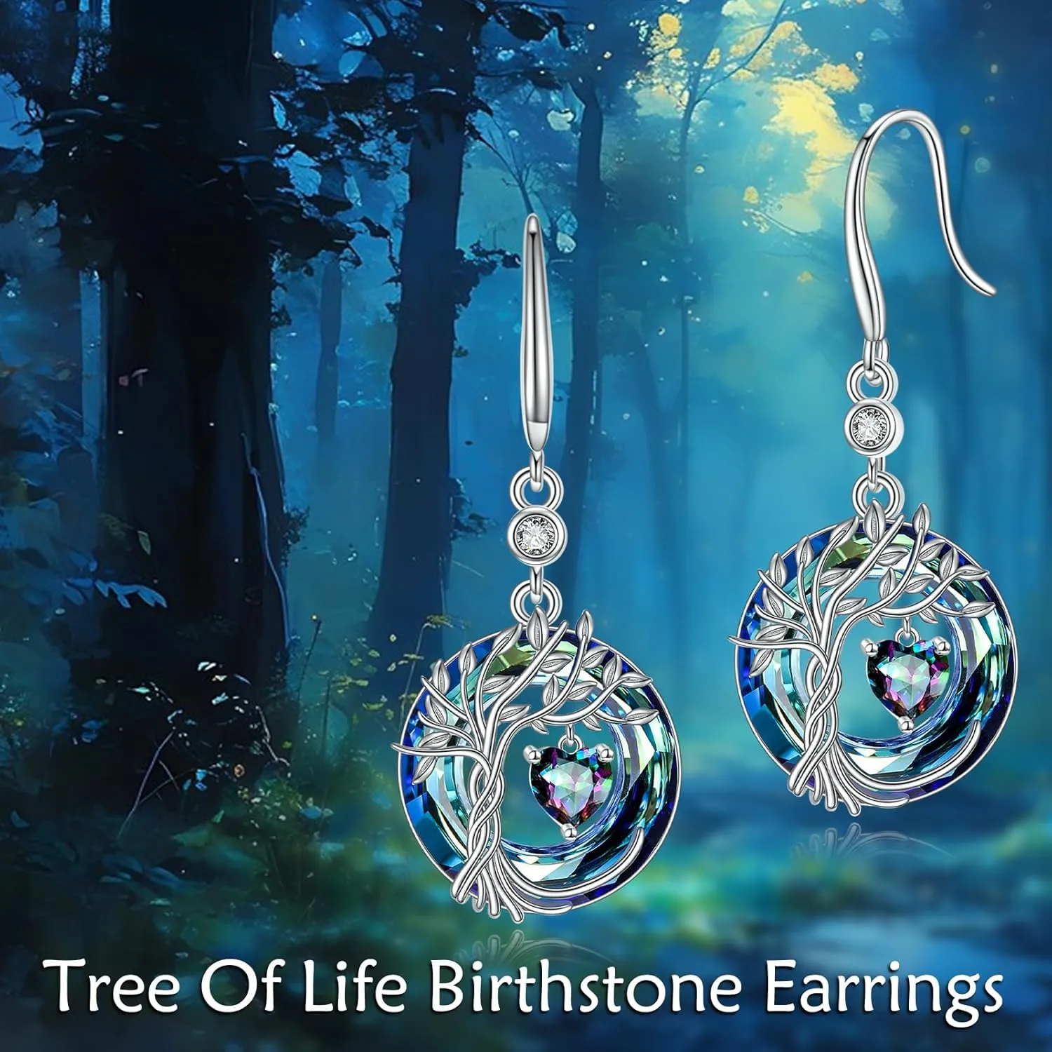 Tree of Life Dangle Drop Earrings 925 Sterling Silver Dainty Round Gemstone Birthstone Earring with Crystal Fine Jewelry Birthday Gifts for Women Her
