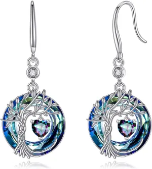 Tree of Life Dangle Drop Earrings 925 Sterling Silver Dainty Round Gemstone Birthstone Earring with Crystal Fine Jewelry Birthday Gifts for Women Her