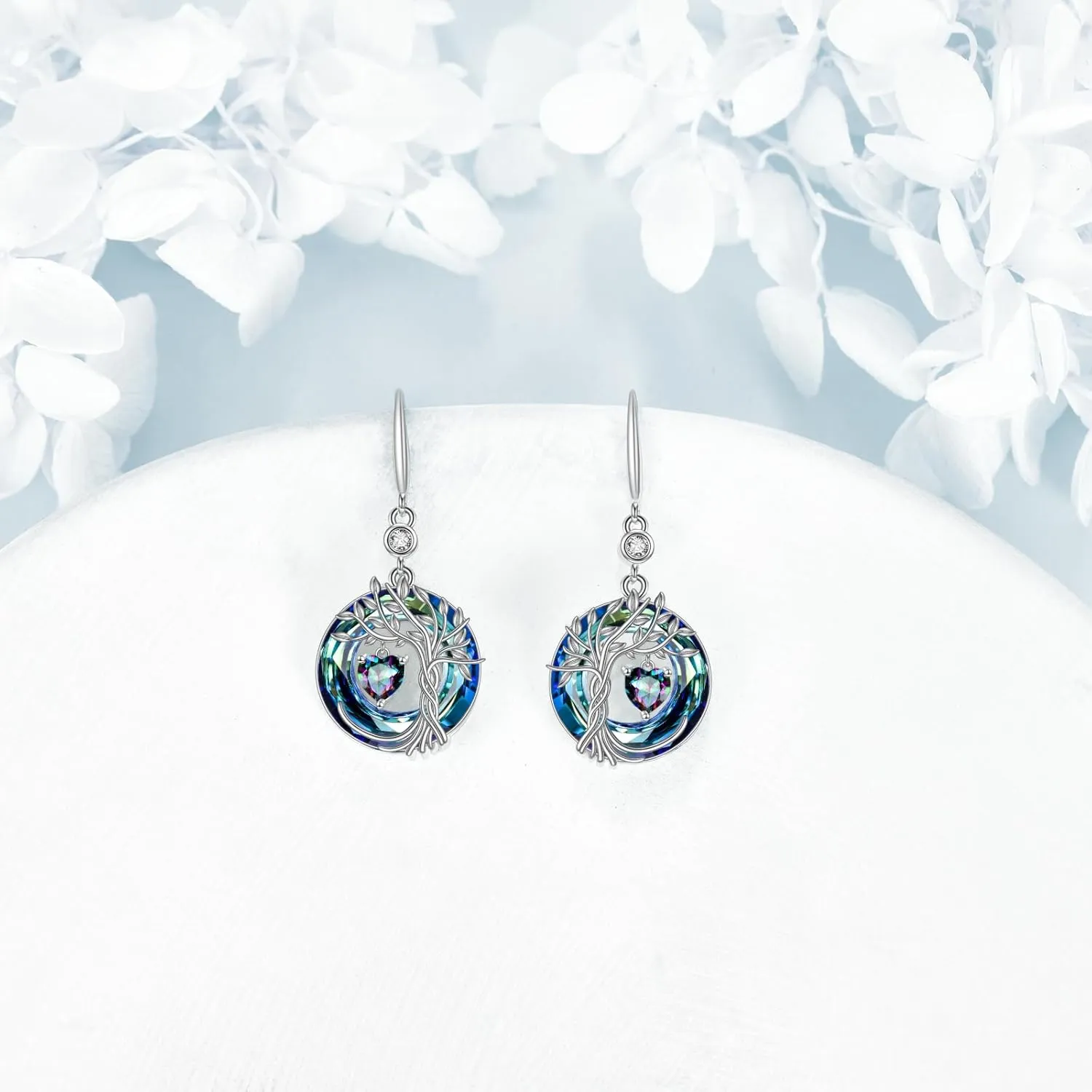 Tree of Life Dangle Drop Earrings 925 Sterling Silver Dainty Round Gemstone Birthstone Earring with Crystal Fine Jewelry Birthday Gifts for Women Her