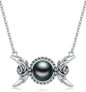 Triple Moon Goddess Black Pearl Necklace 18K Gold-Plating Jewelry Wedding Birthday Anniversary Valentines Day Christmas Mothers Day Gifts for Mom Women Wife Girlfriend Her