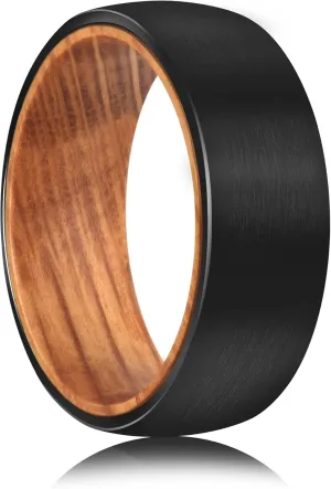 Tungsten Rings for Men Womens 8mm Black Silver Fashion Promise Wedding Band Carbide Inner Hole Inlaid Whiskey Barrel Wood Chamfer Frosted Matte Finish Edge Comfort Fit size 7-12