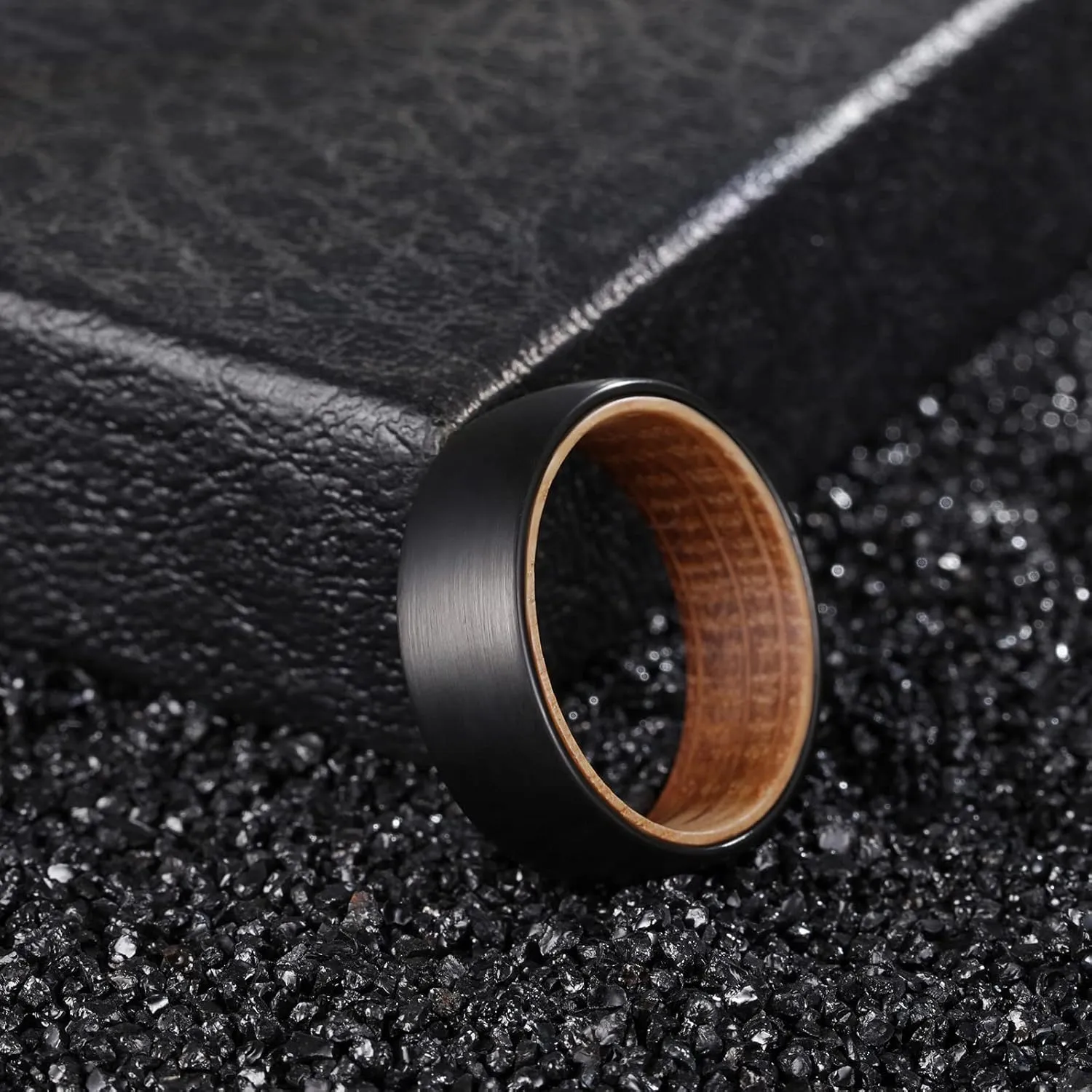Tungsten Rings for Men Womens 8mm Black Silver Fashion Promise Wedding Band Carbide Inner Hole Inlaid Whiskey Barrel Wood Chamfer Frosted Matte Finish Edge Comfort Fit size 7-12