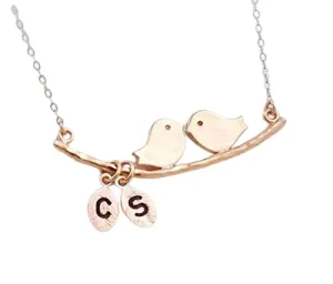 TWO Bird Initial Necklace, Two Monogram Leaf Charm, Custom Couple Jewelry, Kissing Bird Pendant Necklace, Family Tree Necklace, Child Mother Necklace Silver, Gold or Rose Gold