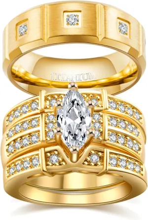 Two Rings His Hers Wedding Ring Sets Couples Matching Rings Women's 2pc Black Gold Plated White CZ Wedding Engagement Ring Bridal Sets Men's Titanium Band Wedding Band