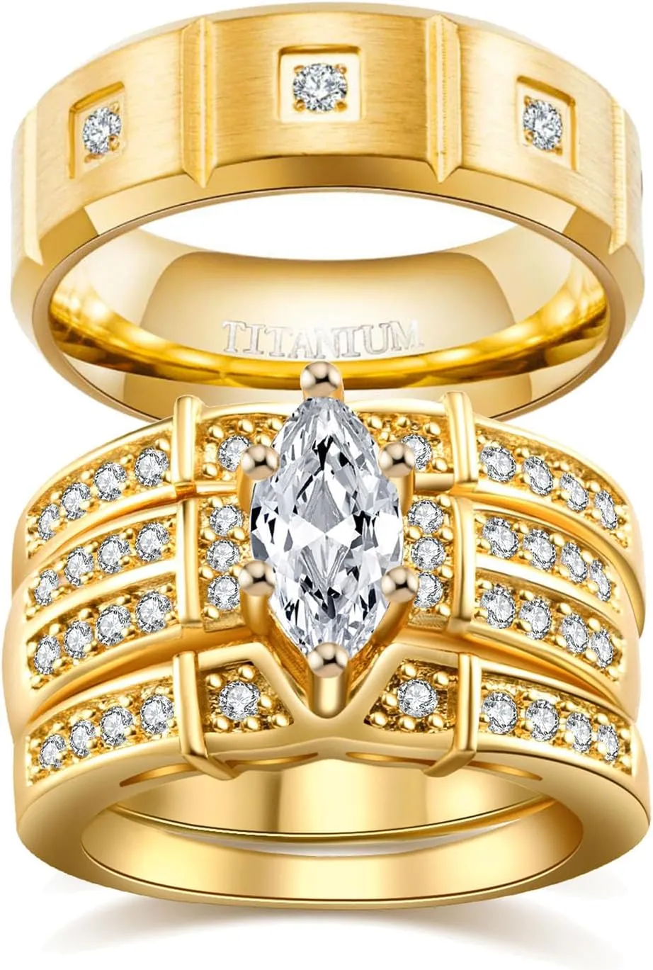 Two Rings His Hers Wedding Ring Sets Couples Matching Rings Women's 2pc Black Gold Plated White CZ Wedding Engagement Ring Bridal Sets Men's Titanium Band Wedding Band