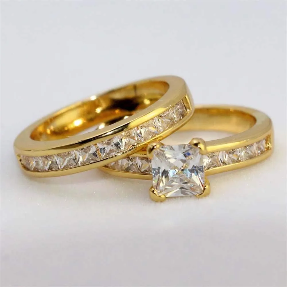 TWO RINGS His Hers Wedding Ring Sets Couples Rings Women's Black Gold Filled White CZ Wedding Engagement Ring Bridal Sets & Men's Titanium Wedding Band