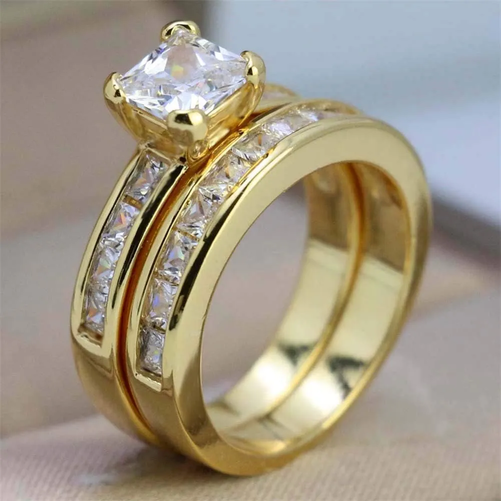 TWO RINGS His Hers Wedding Ring Sets Couples Rings Women's Black Gold Filled White CZ Wedding Engagement Ring Bridal Sets & Men's Titanium Wedding Band