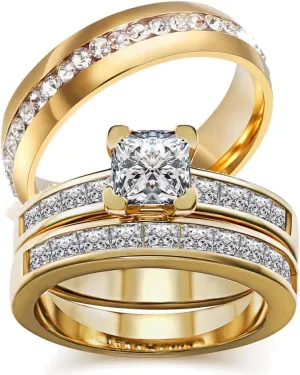 TWO RINGS His Hers Wedding Ring Sets Couples Rings Women's Black Gold Filled White CZ Wedding Engagement Ring Bridal Sets & Men's Titanium Wedding Band