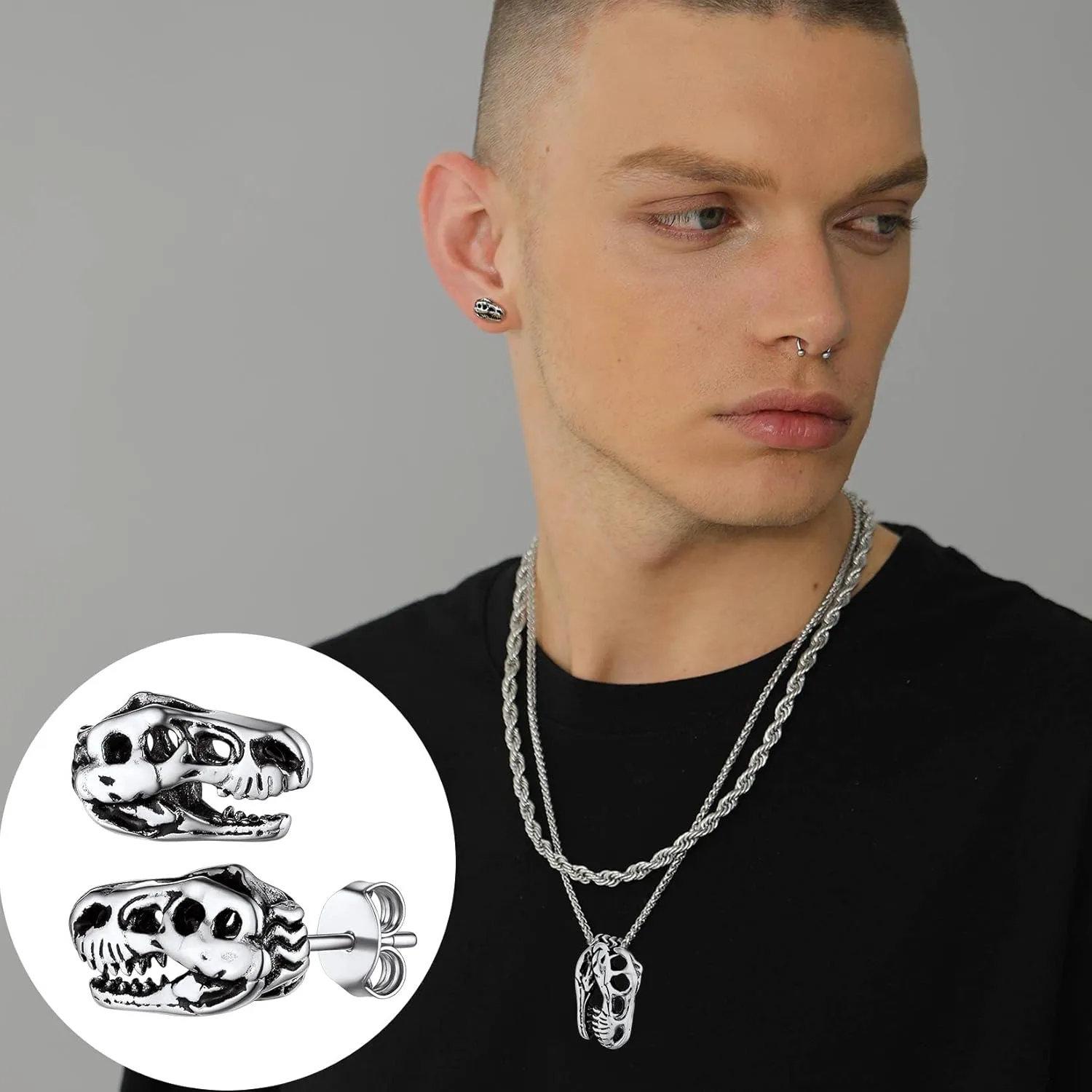 U7 Punk Rock Earrings for Men Women Hypoallergenic Stainless Steel/18K Gold/Black/S925 Sterling Silver Punk Rock Earrings Personalized Dragon/Dinosaur Earrings
