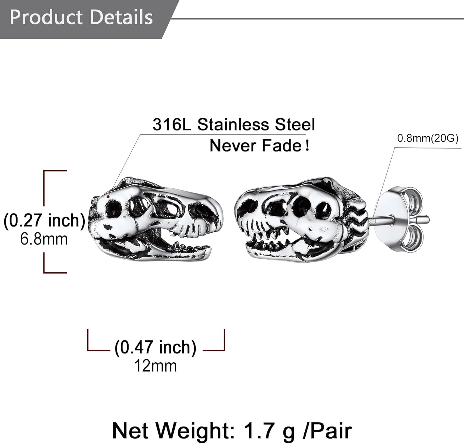 U7 Punk Rock Earrings for Men Women Hypoallergenic Stainless Steel/18K Gold/Black/S925 Sterling Silver Punk Rock Earrings Personalized Dragon/Dinosaur Earrings