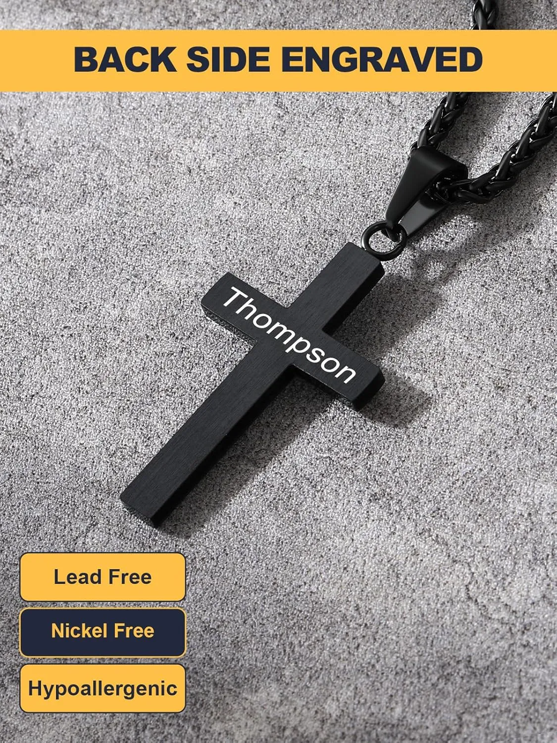 U7 Simple Cross Necklace for Men Women, Stainless Steel Silver Black Gold Latin Cross Pendant Necklaces, Custom Engravable, Length 22-24 Inches