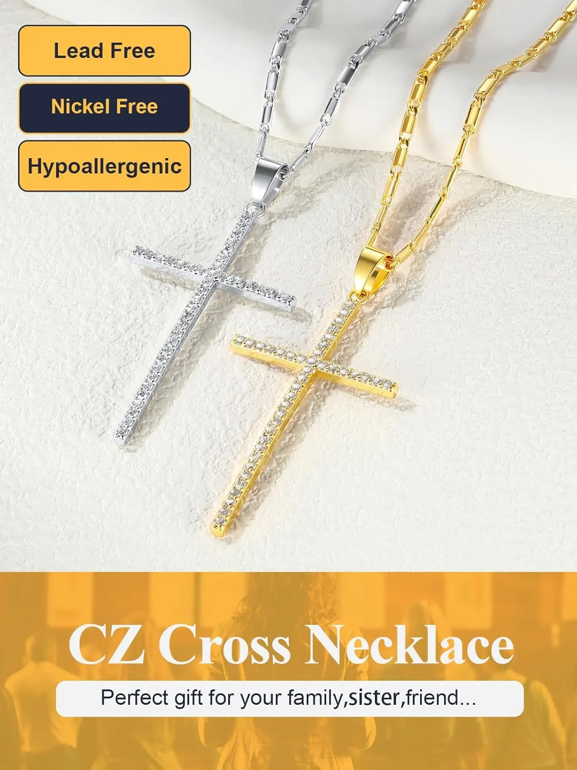U7 Simple Cross Necklace for Men Women, Stainless Steel Silver Black Gold Latin Cross Pendant Necklaces, Custom Engravable, Length 22-24 Inches