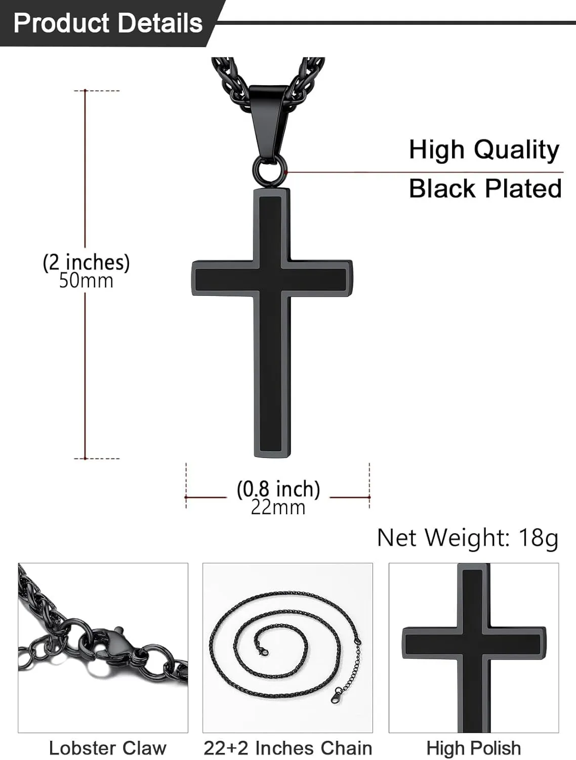 U7 Simple Cross Necklace for Men Women, Stainless Steel Silver Black Gold Latin Cross Pendant Necklaces, Custom Engravable, Length 22-24 Inches