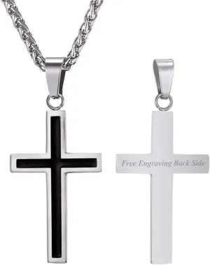 U7 Simple Cross Necklace for Men Women, Stainless Steel Silver Black Gold Latin Cross Pendant Necklaces, Custom Engravable, Length 22-24 Inches