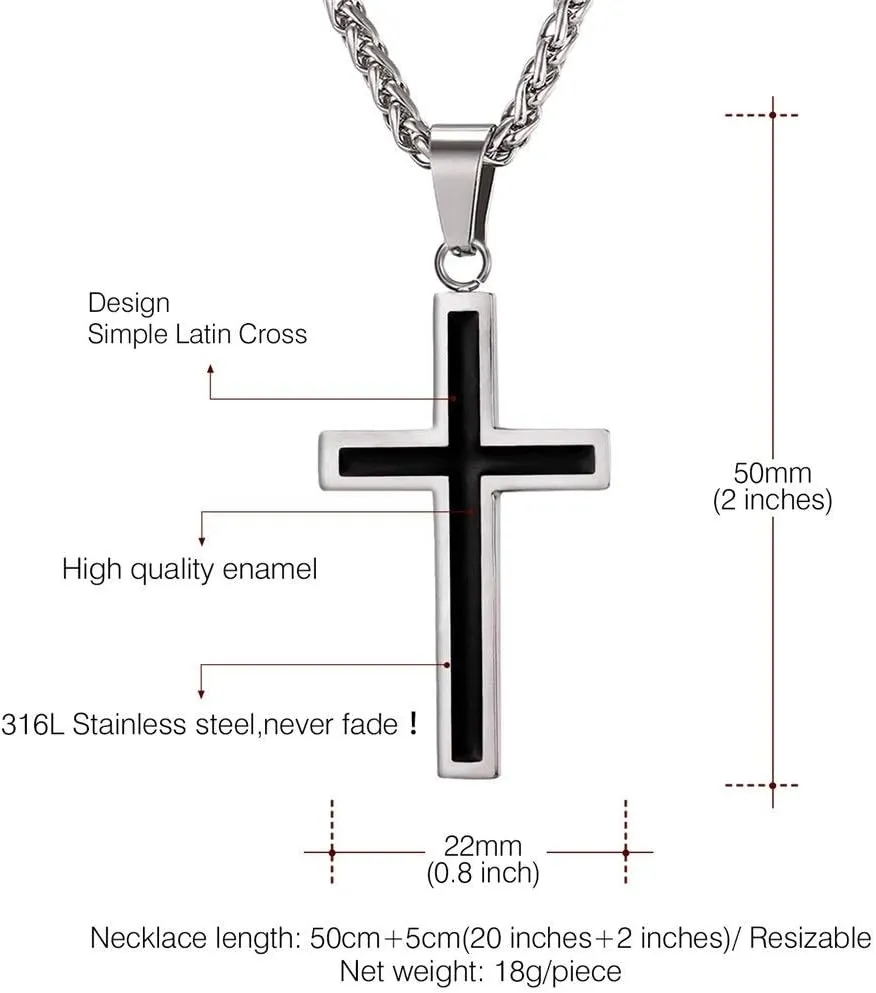 U7 Simple Cross Necklace for Men Women, Stainless Steel Silver Black Gold Latin Cross Pendant Necklaces, Custom Engravable, Length 22-24 Inches