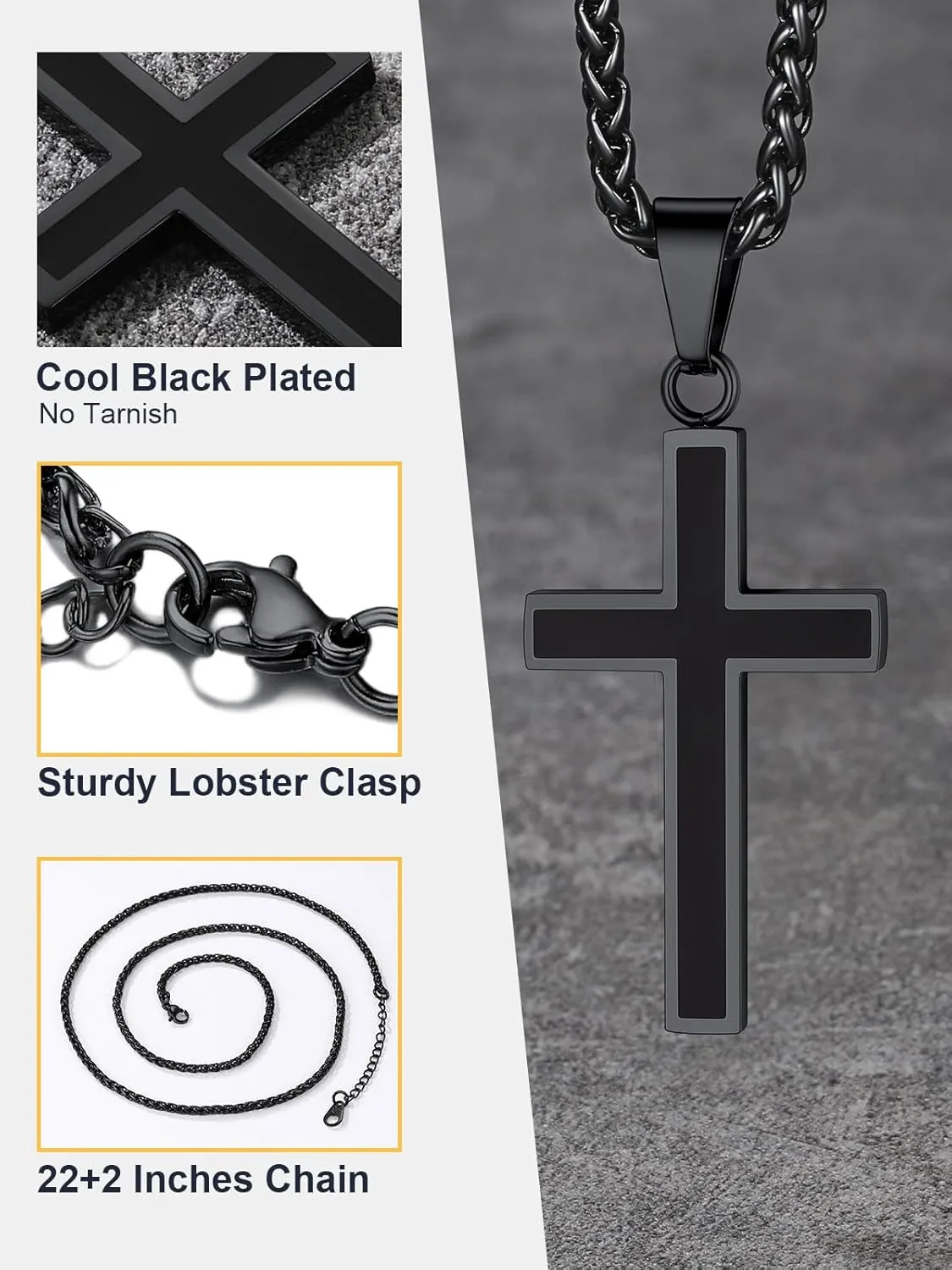 U7 Simple Cross Necklace for Men Women, Stainless Steel Silver Black Gold Latin Cross Pendant Necklaces, Custom Engravable, Length 22-24 Inches