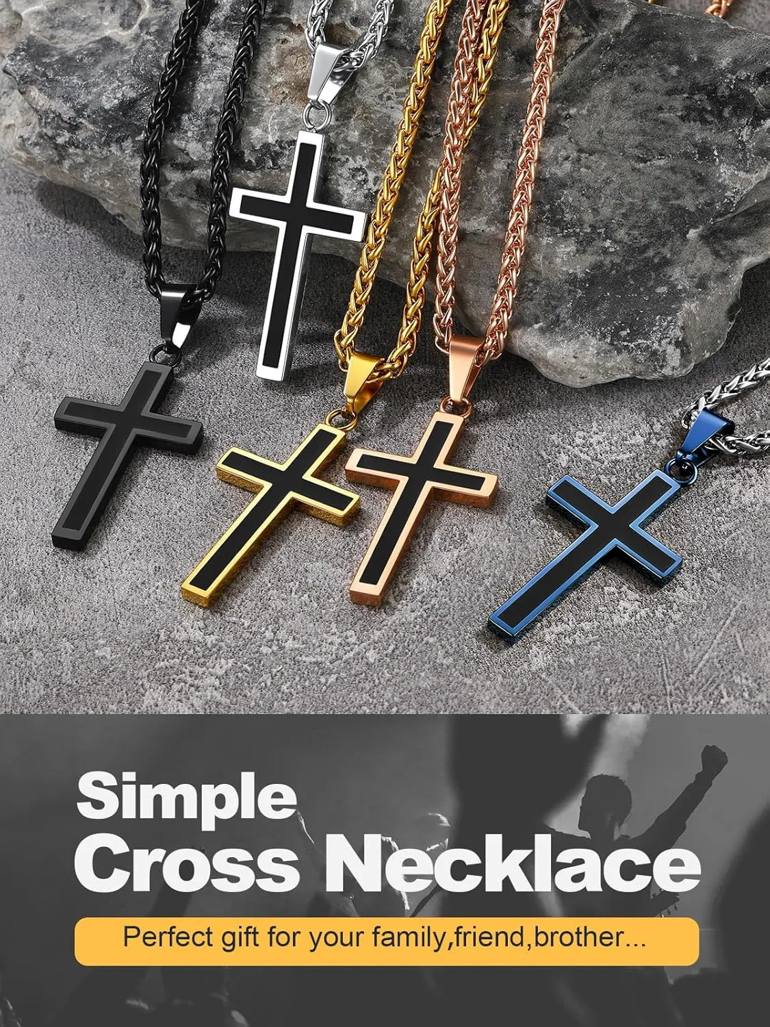 U7 Simple Cross Necklace for Men Women, Stainless Steel Silver Black Gold Latin Cross Pendant Necklaces, Custom Engravable, Length 22-24 Inches
