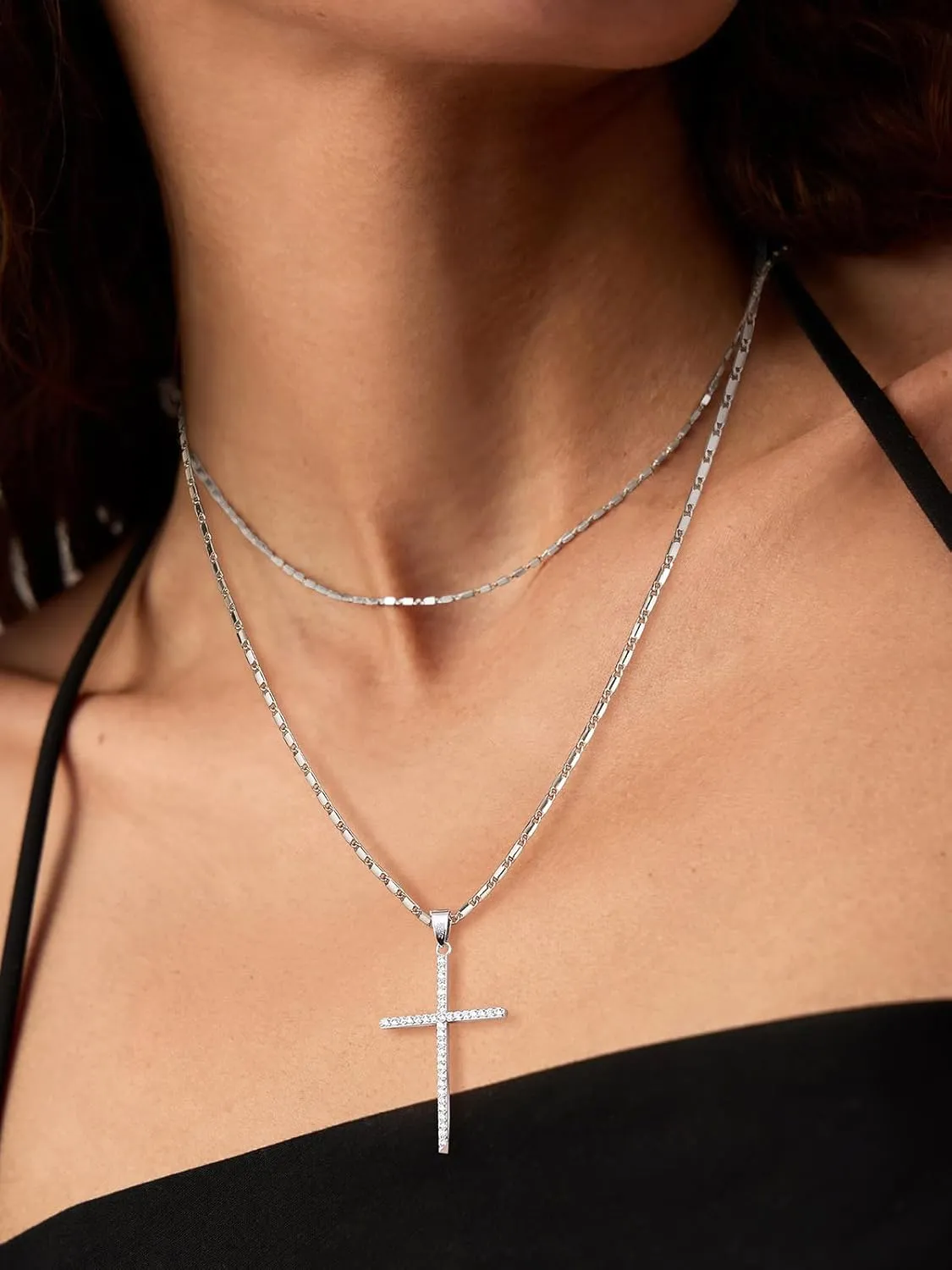 U7 Simple Cross Necklace for Men Women, Stainless Steel Silver Black Gold Latin Cross Pendant Necklaces, Custom Engravable, Length 22-24 Inches