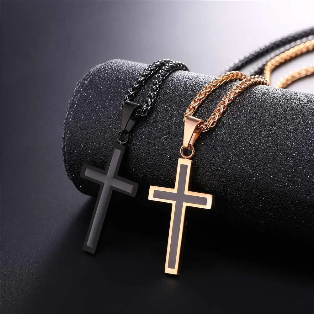 U7 Simple Cross Necklace for Men Women, Stainless Steel Silver Black Gold Latin Cross Pendant Necklaces, Custom Engravable, Length 22-24 Inches