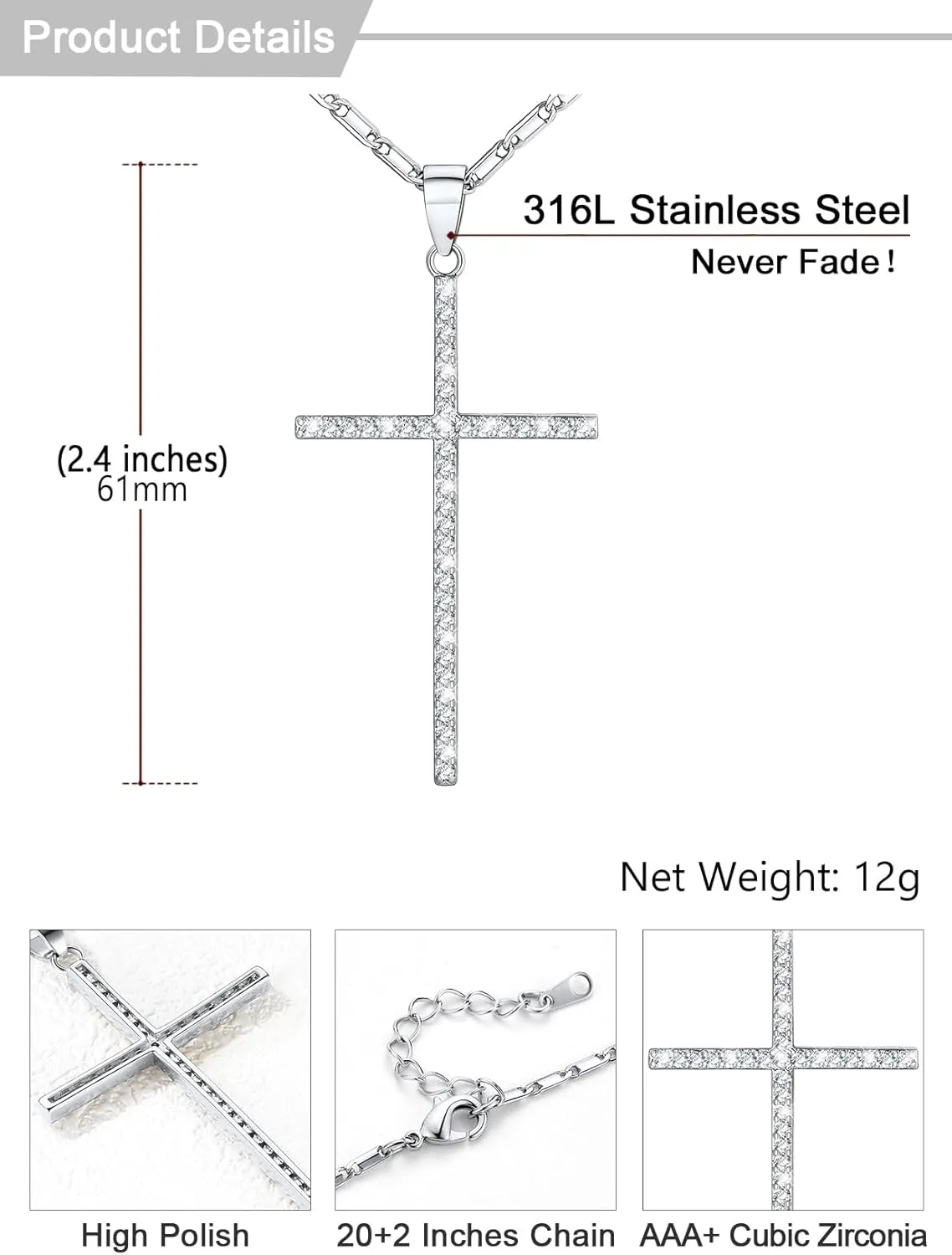 U7 Simple Cross Necklace for Men Women, Stainless Steel Silver Black Gold Latin Cross Pendant Necklaces, Custom Engravable, Length 22-24 Inches