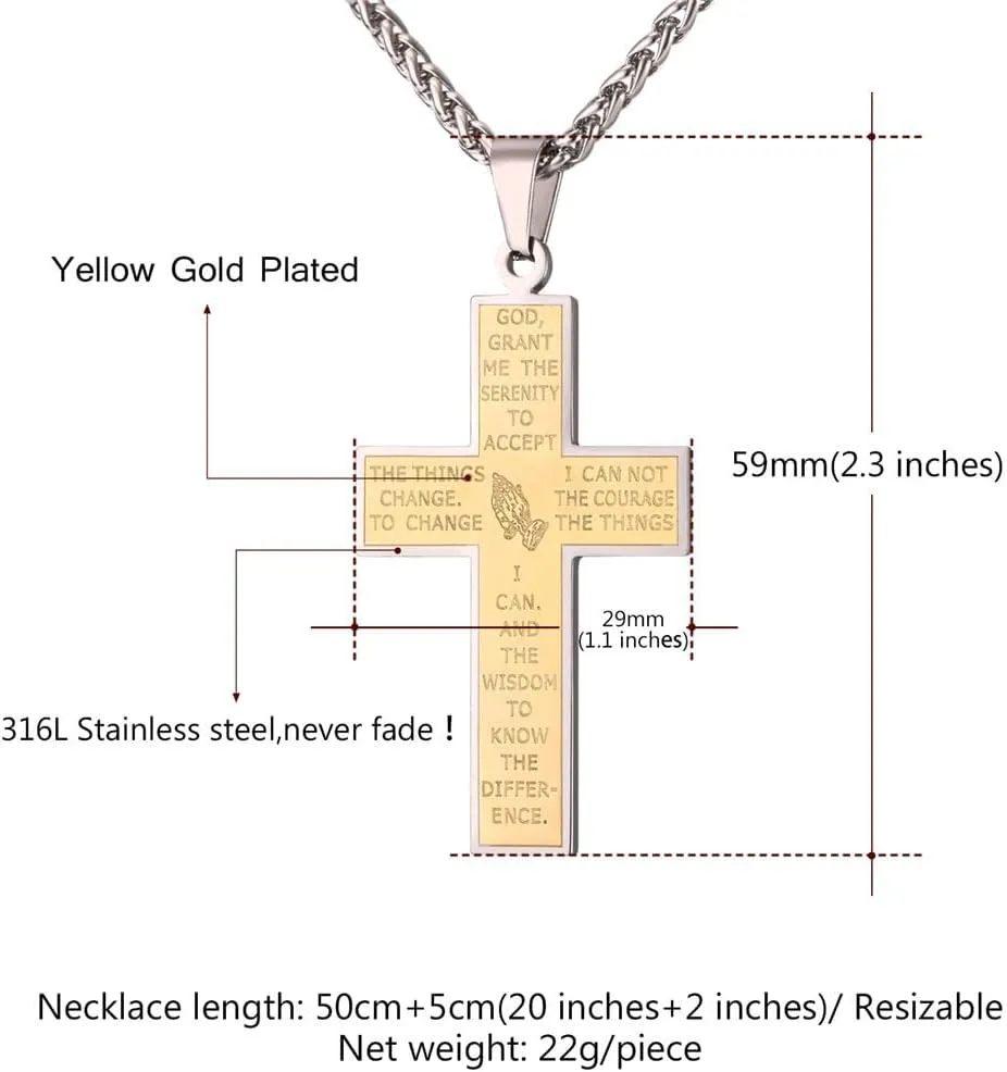 U7 Simple Cross Necklace for Men Women, Stainless Steel Silver Black Gold Latin Cross Pendant Necklaces, Custom Engravable, Length 22-24 Inches