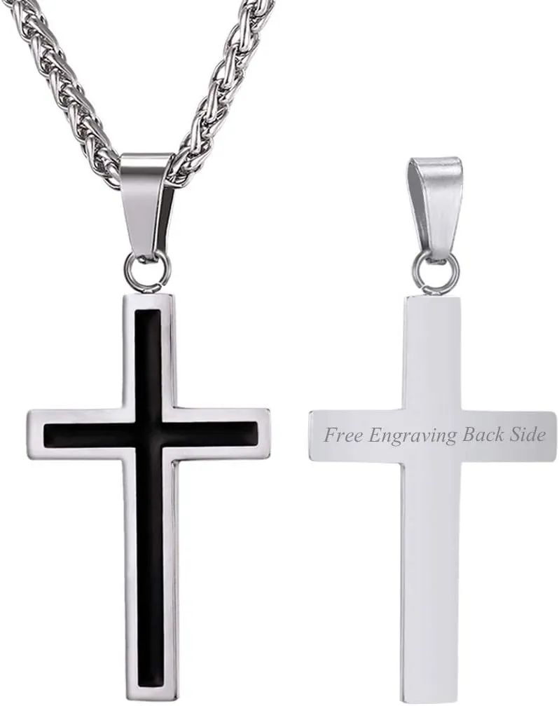 U7 Simple Cross Necklace for Men Women, Stainless Steel Silver Black Gold Latin Cross Pendant Necklaces, Custom Engravable, Length 22-24 Inches