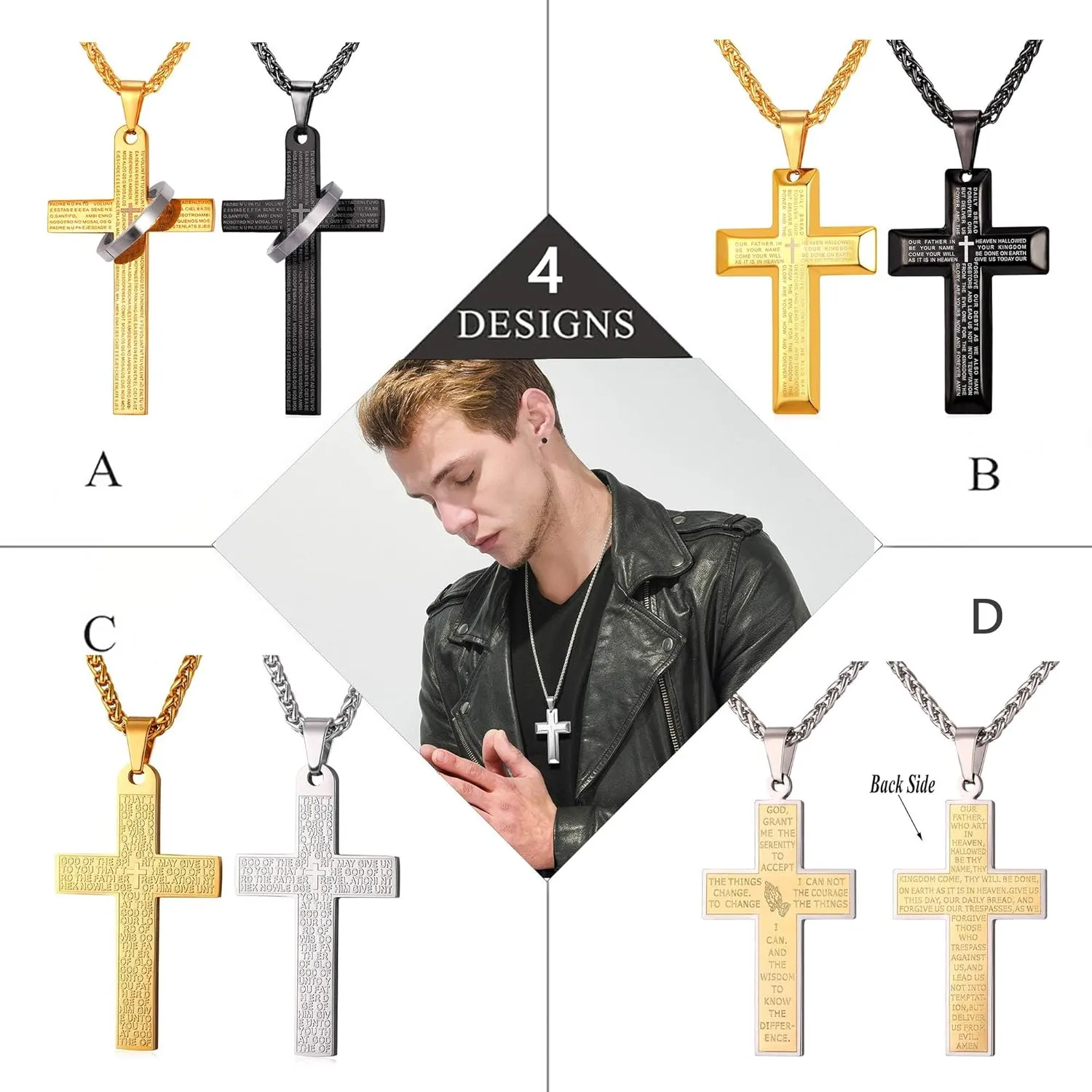 U7 Simple Cross Necklace for Men Women, Stainless Steel Silver Black Gold Latin Cross Pendant Necklaces, Custom Engravable, Length 22-24 Inches