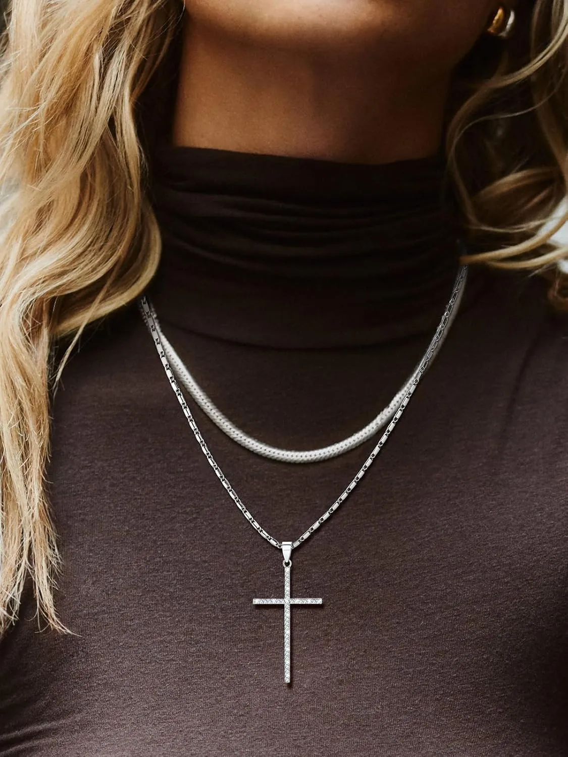 U7 Simple Cross Necklace for Men Women, Stainless Steel Silver Black Gold Latin Cross Pendant Necklaces, Custom Engravable, Length 22-24 Inches