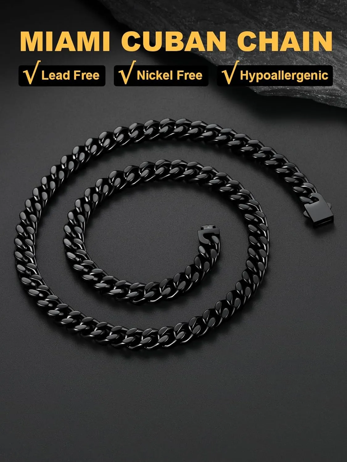 U7 Stainless Steel Cuban Link Chain,Black/14K Gold Miami Mens Cuban Chain, 5mm/7mm/9mm/12mm Hip Hop Chains for Men,18-30 inches