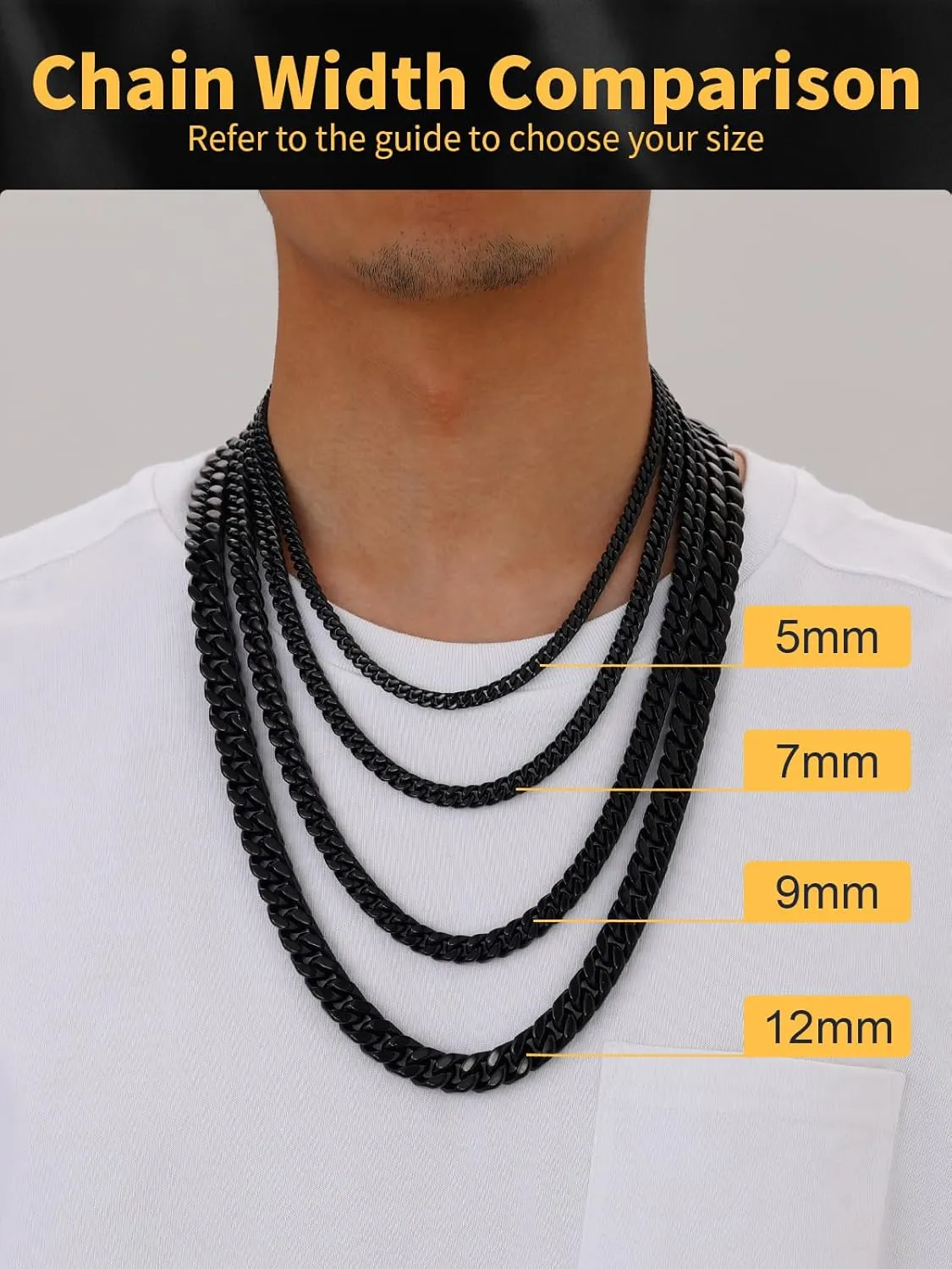 U7 Stainless Steel Cuban Link Chain,Black/14K Gold Miami Mens Cuban Chain, 5mm/7mm/9mm/12mm Hip Hop Chains for Men,18-30 inches