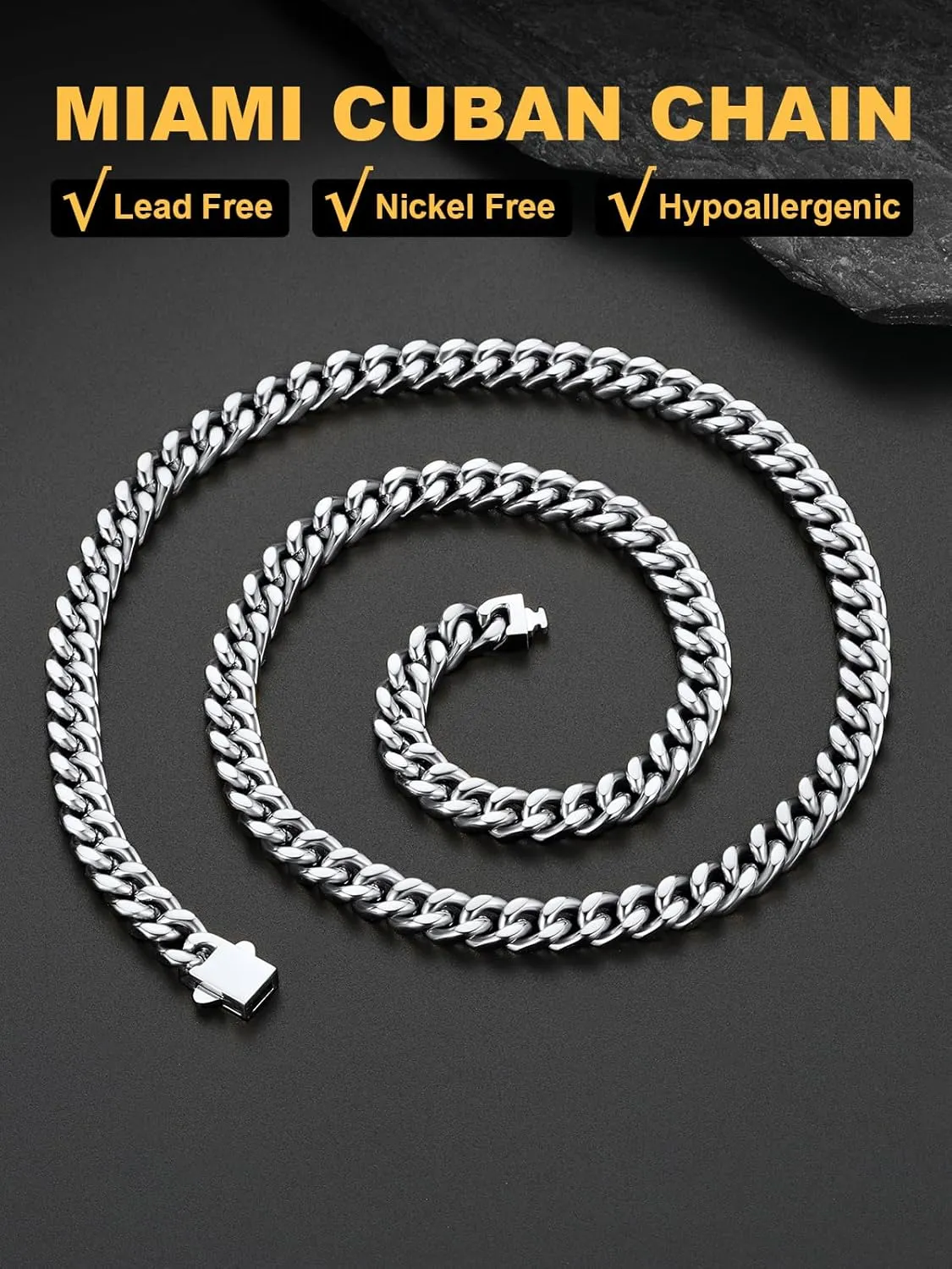U7 Stainless Steel Cuban Link Chain,Black/14K Gold Miami Mens Cuban Chain, 5mm/7mm/9mm/12mm Hip Hop Chains for Men,18-30 inches