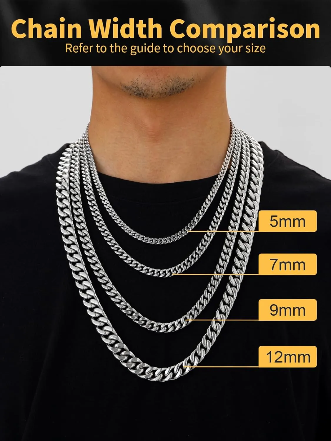 U7 Stainless Steel Cuban Link Chain,Black/14K Gold Miami Mens Cuban Chain, 5mm/7mm/9mm/12mm Hip Hop Chains for Men,18-30 inches
