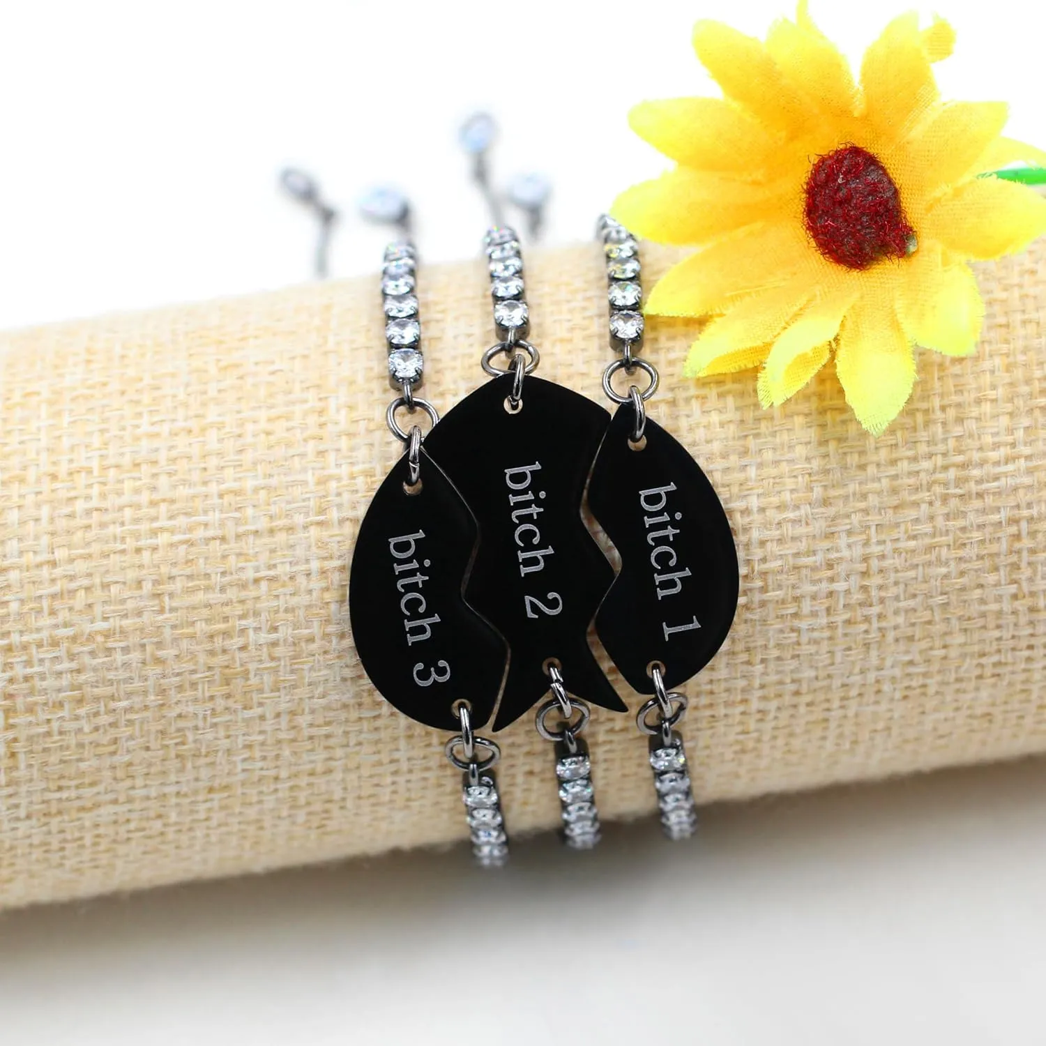 Uloveido Best Friends Family Puzzle Heart Bracelets Set for 3-3pcs Adjustable Black Engraved Cubic Zirconia Bolo Clasp Tennis Bracelets for Friends Sisters Mom Dad Daughter YA4774