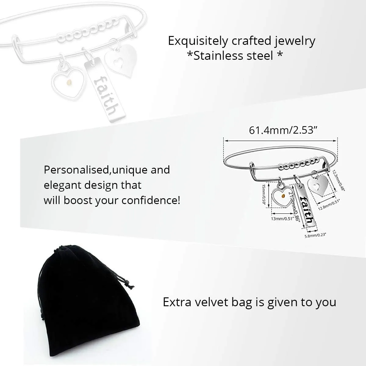 Uloveido Christian Faith Extendable Bangle, Stainless Steel, Heart Mustard Seed Bracelets Y642