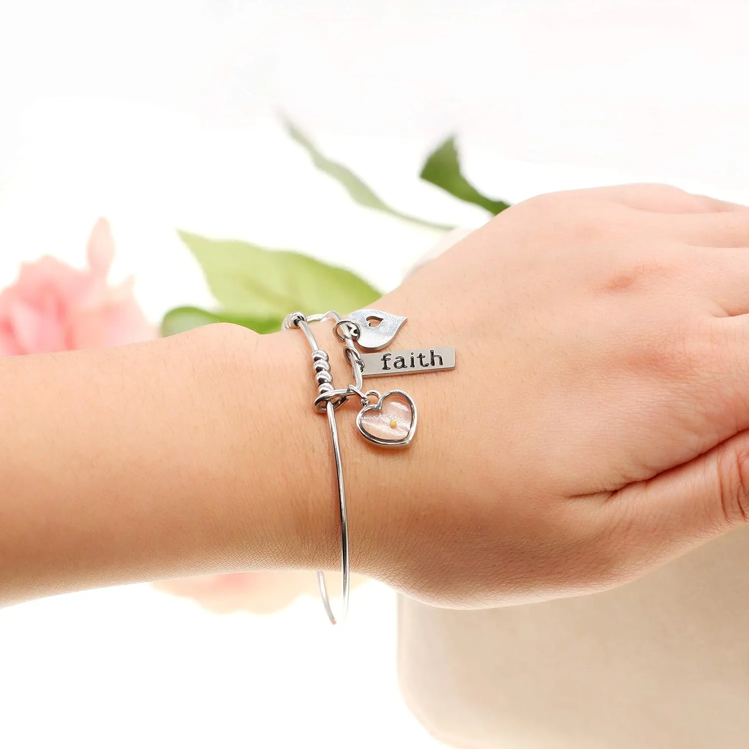 Uloveido Christian Faith Extendable Bangle, Stainless Steel, Heart Mustard Seed Bracelets Y642