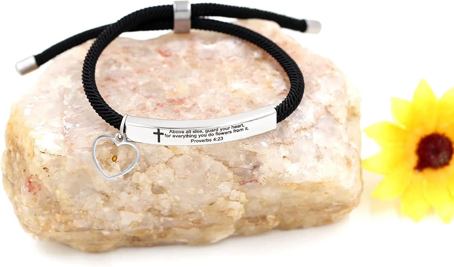 Uloveido Christian Religious Bible Quote Bracelet for Women Encouragement Gift, Black Rope Stainless Steel Tag Bible Engraved Bracelet