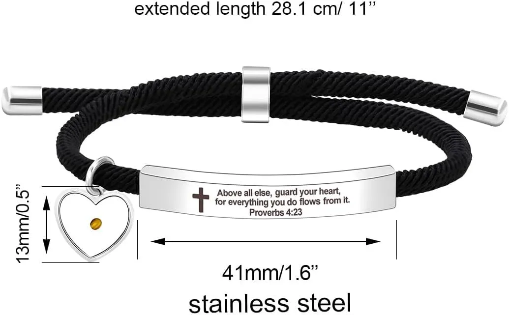 Uloveido Christian Religious Bible Quote Bracelet for Women Encouragement Gift, Black Rope Stainless Steel Tag Bible Engraved Bracelet