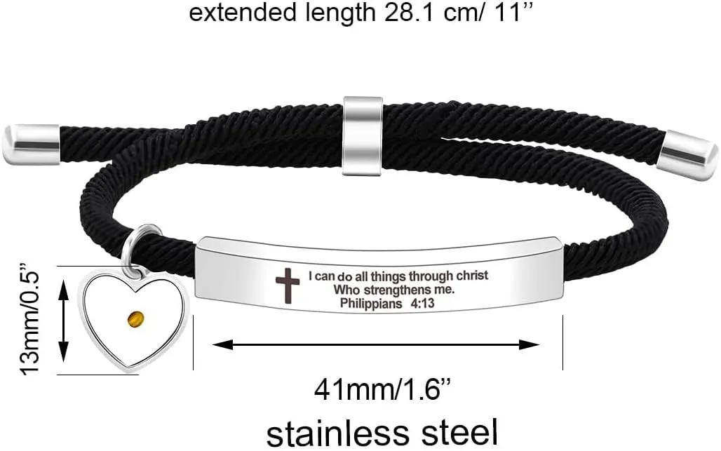 Uloveido Christian Religious Bible Quote Bracelet for Women Encouragement Gift, Black Rope Stainless Steel Tag Bible Engraved Bracelet