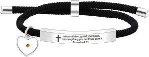 Uloveido Christian Religious Bible Quote Bracelet for Women Encouragement Gift, Black Rope Stainless Steel Tag Bible Engraved Bracelet