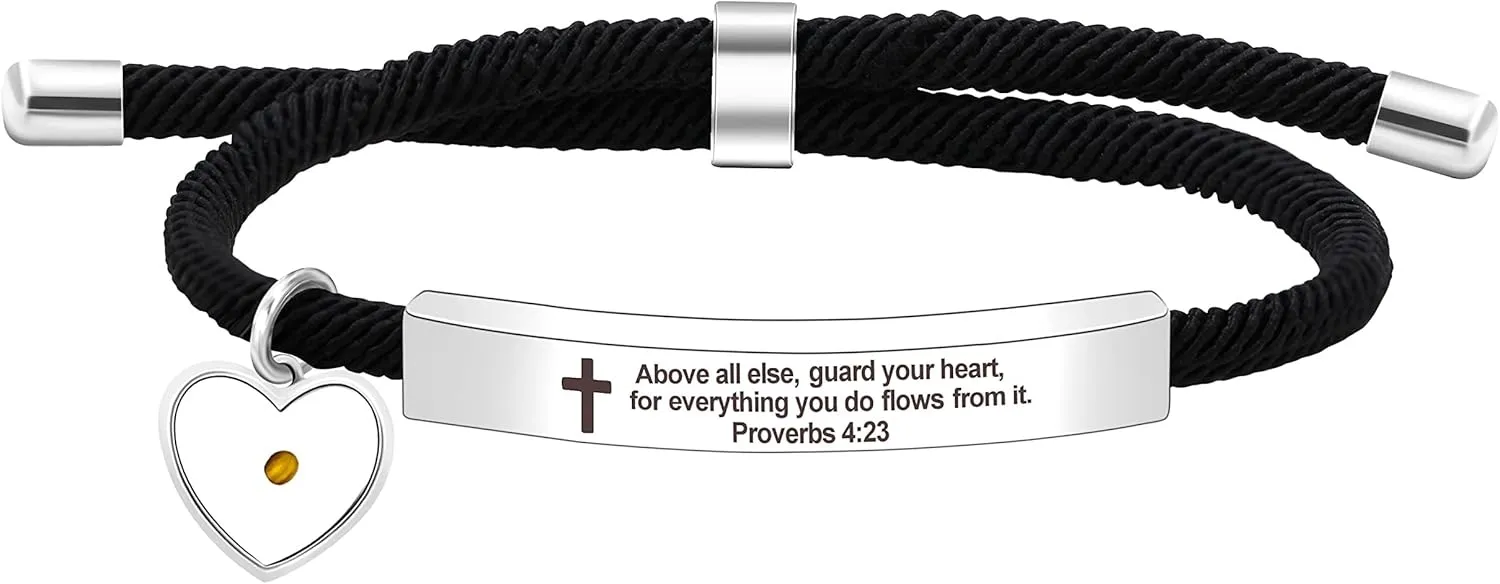 Uloveido Christian Religious Bible Quote Bracelet for Women Encouragement Gift, Black Rope Stainless Steel Tag Bible Engraved Bracelet
