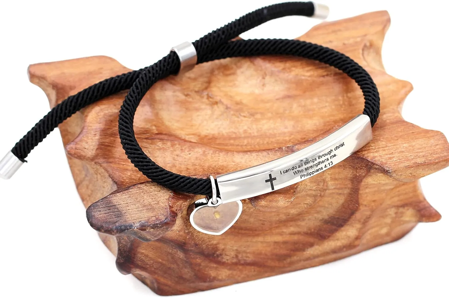Uloveido Christian Religious Bible Quote Bracelet for Women Encouragement Gift, Black Rope Stainless Steel Tag Bible Engraved Bracelet