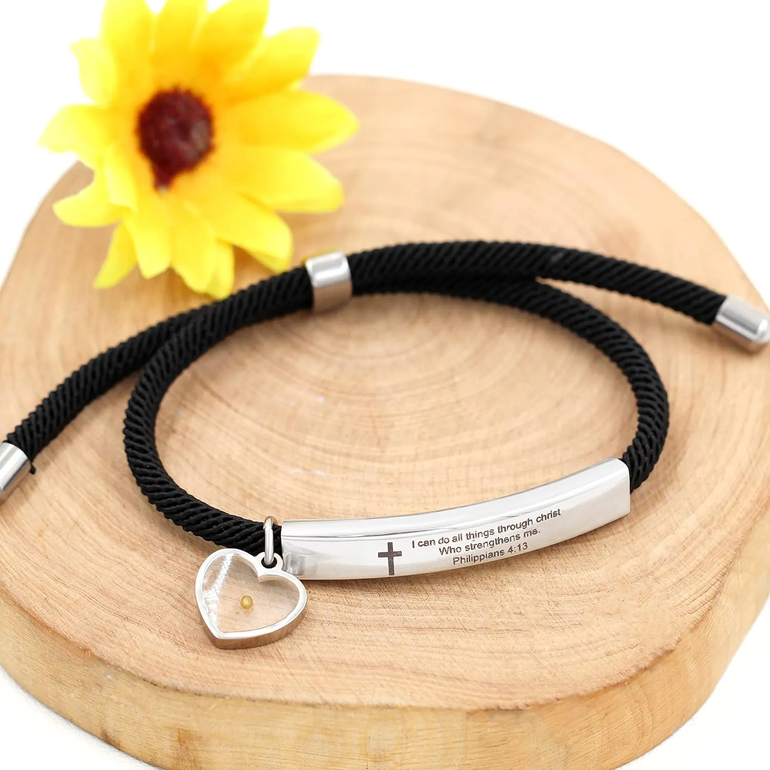 Uloveido Christian Religious Bible Quote Bracelet for Women Encouragement Gift, Black Rope Stainless Steel Tag Bible Engraved Bracelet
