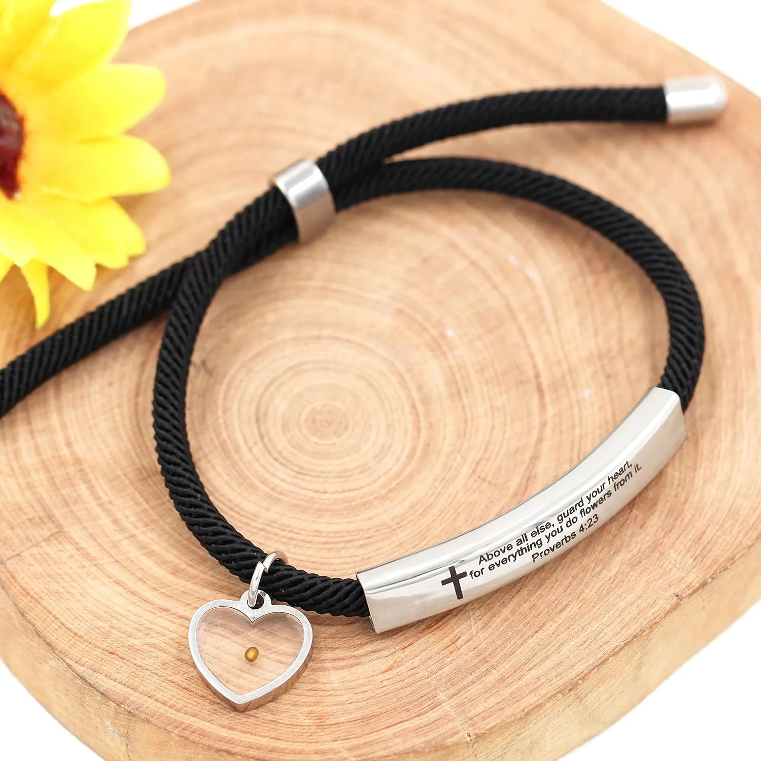 Uloveido Christian Religious Bible Quote Bracelet for Women Encouragement Gift, Black Rope Stainless Steel Tag Bible Engraved Bracelet
