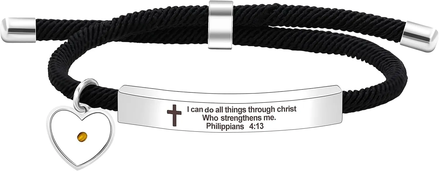 Uloveido Christian Religious Bible Quote Bracelet for Women Encouragement Gift, Black Rope Stainless Steel Tag Bible Engraved Bracelet
