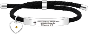 Uloveido Christian Religious Bible Quote Bracelet for Women Encouragement Gift, Black Rope Stainless Steel Tag Bible Engraved Bracelet
