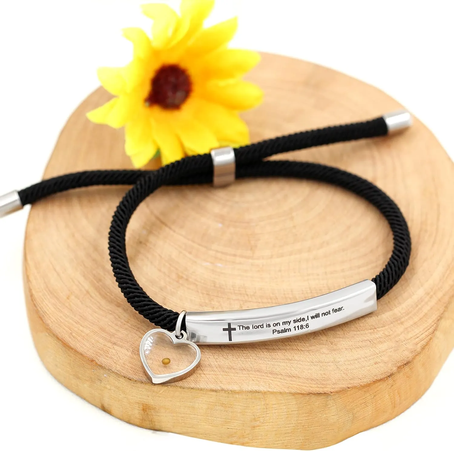 Uloveido Christian Religious Bible Quote Bracelet for Women Encouragement Gift, Black Rope Stainless Steel Tag Bible Engraved Bracelet